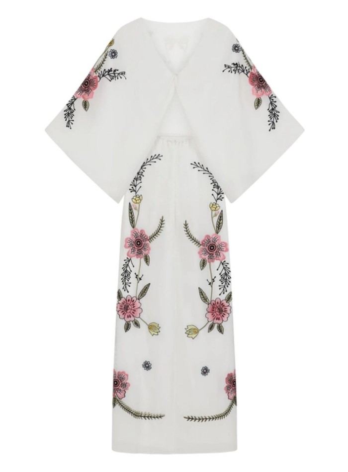 Longue robe tunique brodée de fleurs au dos noué