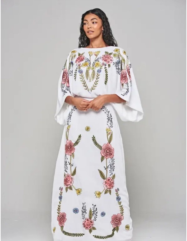 Vestido largo túnica bordado de flores con espalda anudada