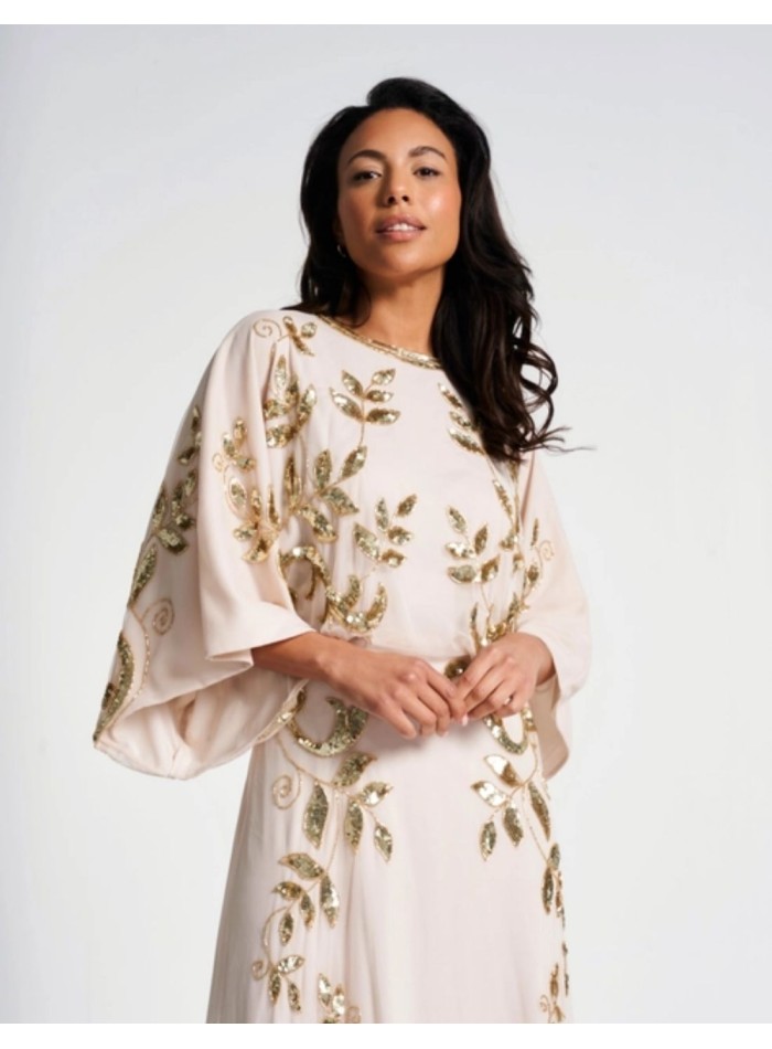 Vestido de fiesta largo con hojas doradas de lentejuela