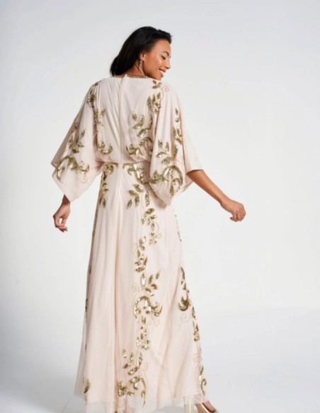 Vestido de fiesta largo con hojas doradas de lentejuela