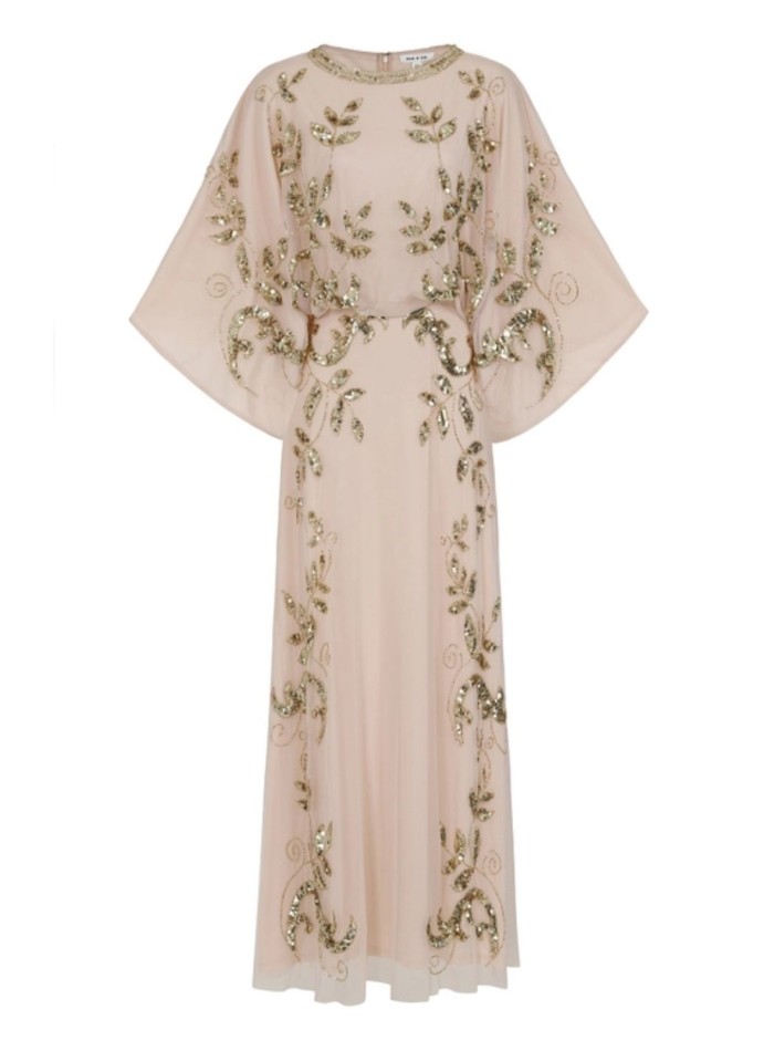 Robe longue de fête avec feuilles de Sequin doré