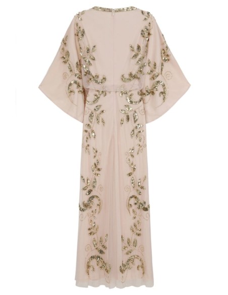 Long party dress with golden sequin leaves