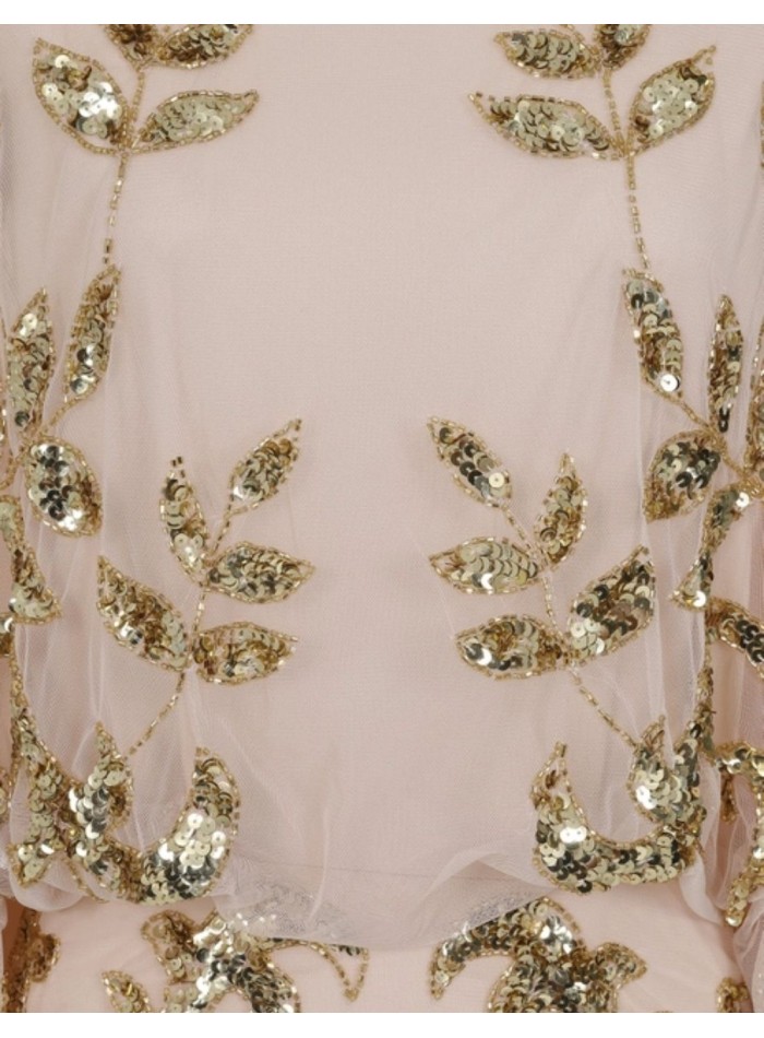 Long party dress with golden sequin leaves