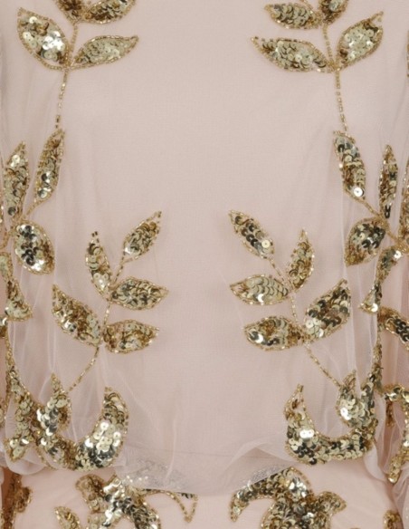 Vestido de fiesta largo con hojas doradas de lentejuela