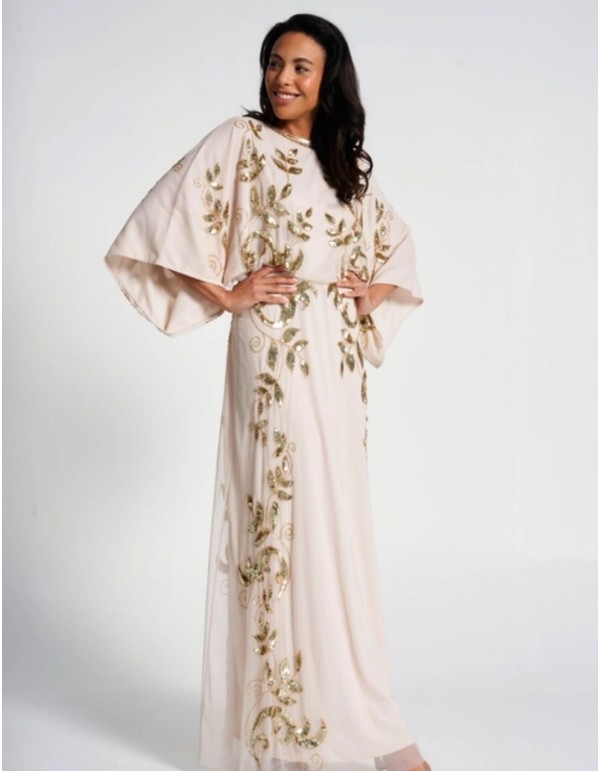 Long party dress with golden sequin leaves 2
