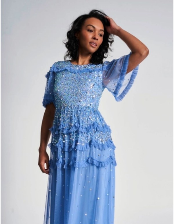 Robe longue de fête avec mini volants et sequins bleus 2