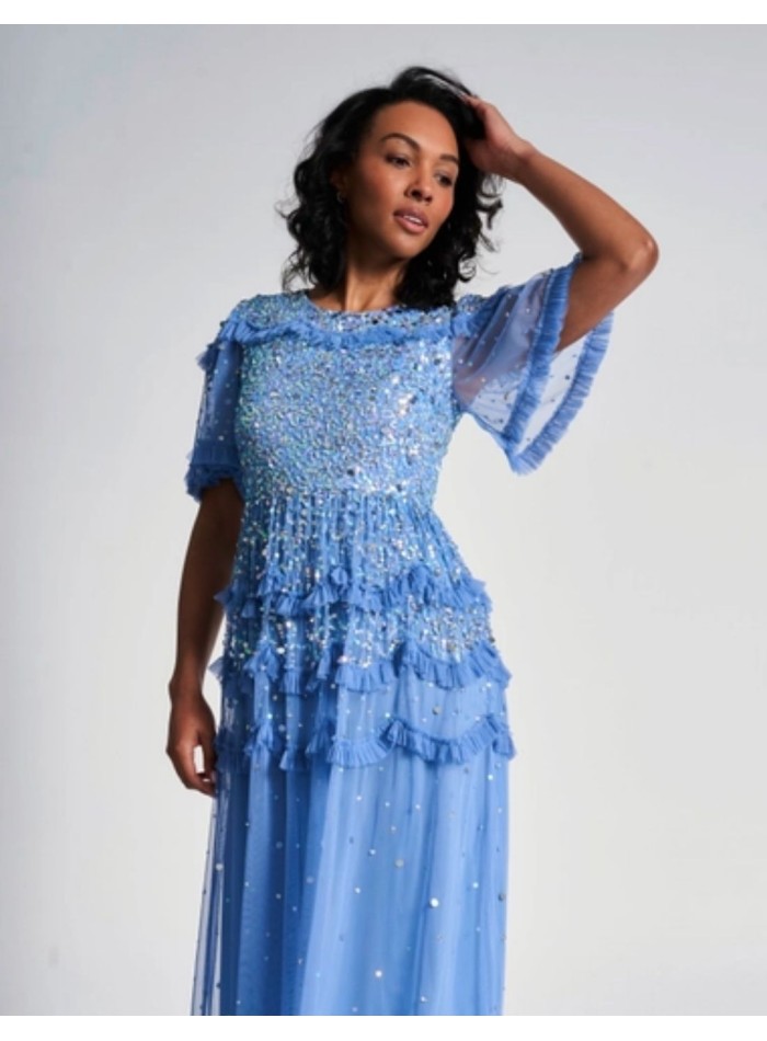 Long party dress with mini ruffles and blue...