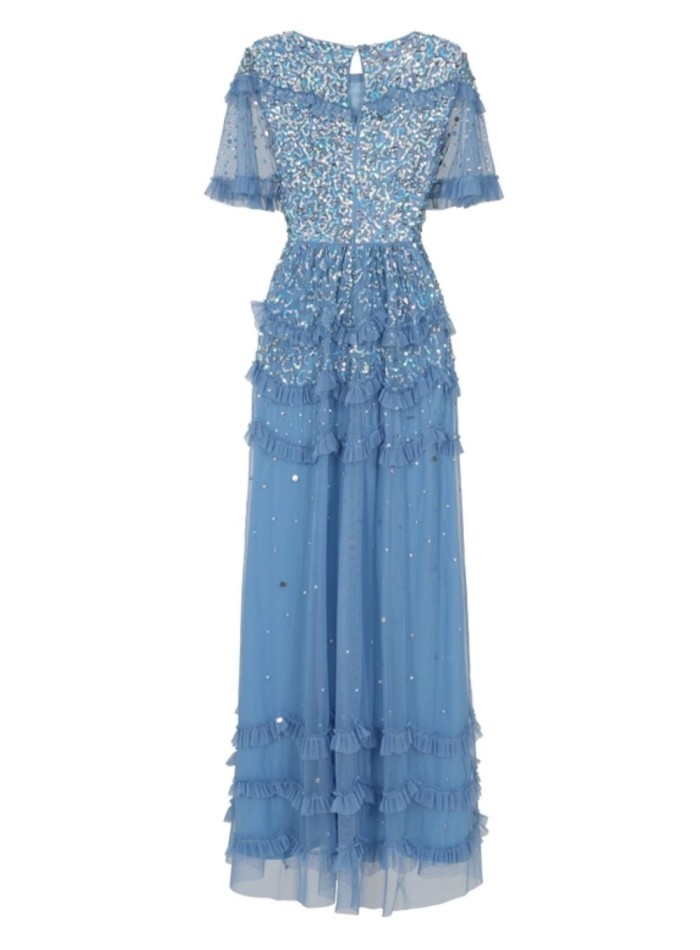 Long party dress with mini ruffles and blue...