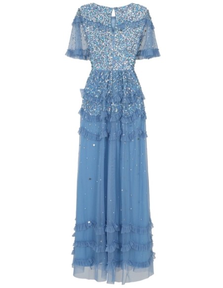 Vestido largo de fiesta con volantes mini y lentejuelas azul