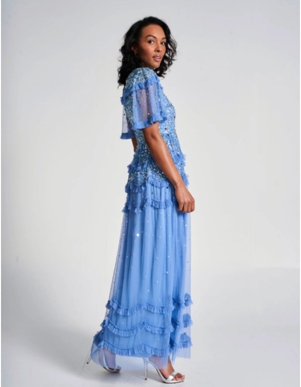 Long party dress with mini ruffles and blue sequins