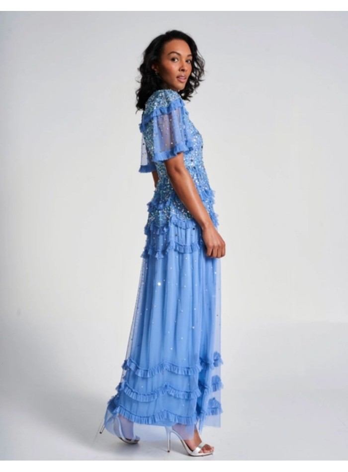 Vestido largo de fiesta con volantes mini y lentejuelas azul