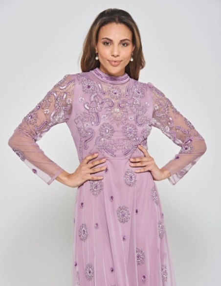 Robe longue de fête à manches longues brodée de strass mauves