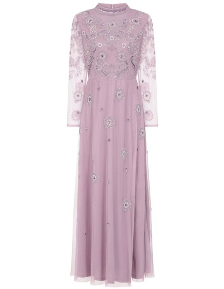 Long party dress with long sleeves embroidered with mauve rhinestones