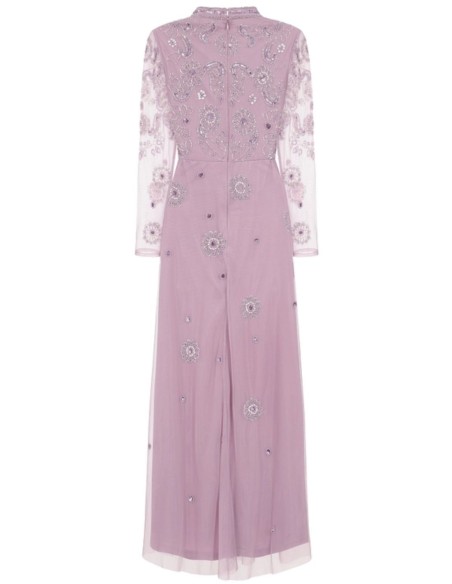 Long party dress with long sleeves embroidered with mauve rhinestones