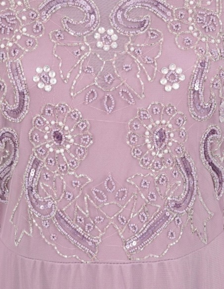 Robe longue de fête à manches longues brodée de strass mauves