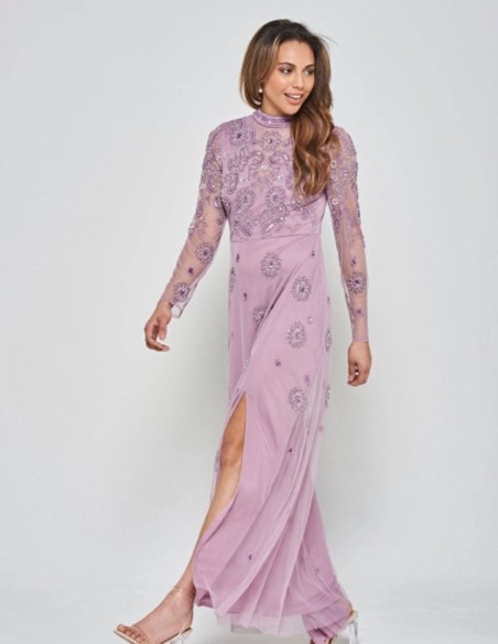 Robe longue de fête à manches longues brodée de strass mauves