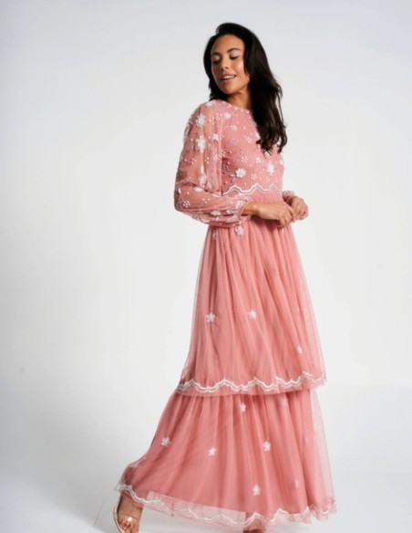 Long party dress with long sleeves embroidered with blush pink sequins