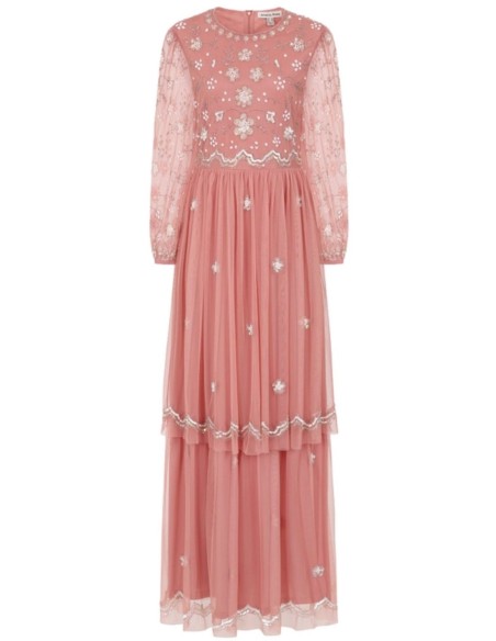 Robe longue de fête à manches longues brodée de sequins rose blush