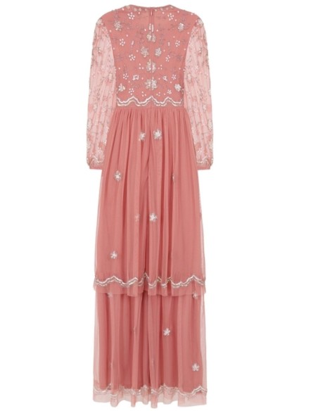 Robe longue de fête à manches longues brodée de sequins rose blush