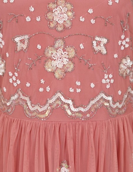 Long party dress with long sleeves embroidered with blush pink sequins