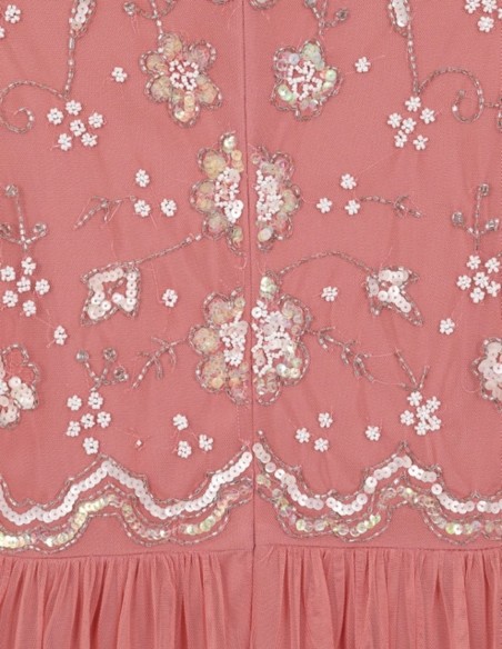 Vestido largo de fiesta con manga larga bordada de lentejuela rosa rubor