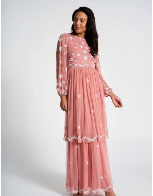 Long party dress with long sleeves embroidered with blush... 2