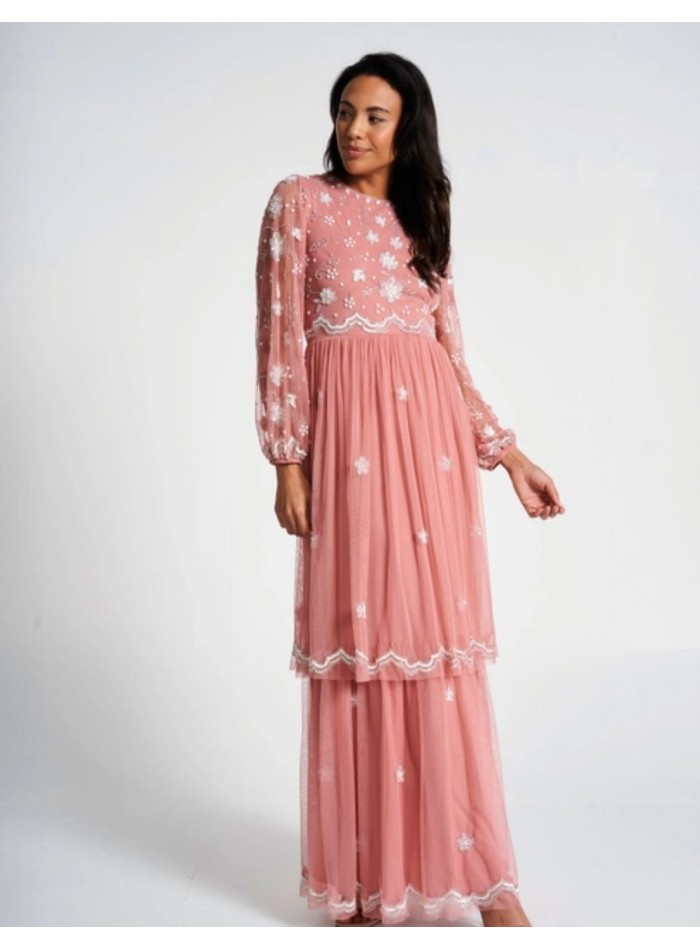 Robe longue de fête à manches longues brodée de...