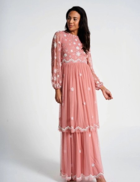 Long party dress with long sleeves embroidered with blush pink sequins