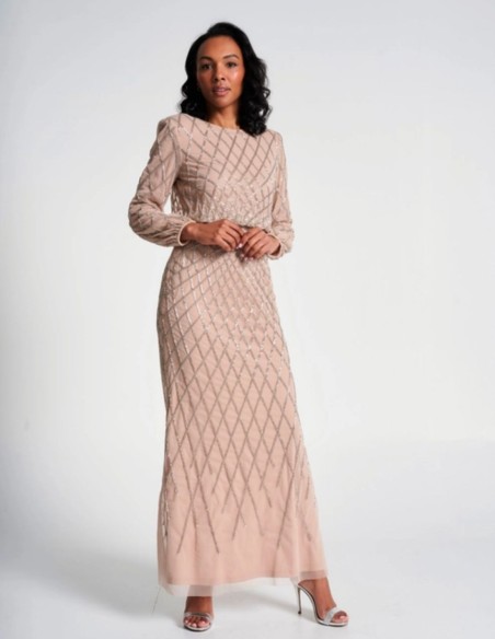 Robe longue de fête à manches longues et à sequins nude