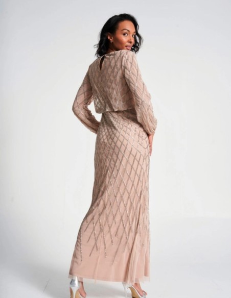 Long party dress with long sleeves and nude sequins