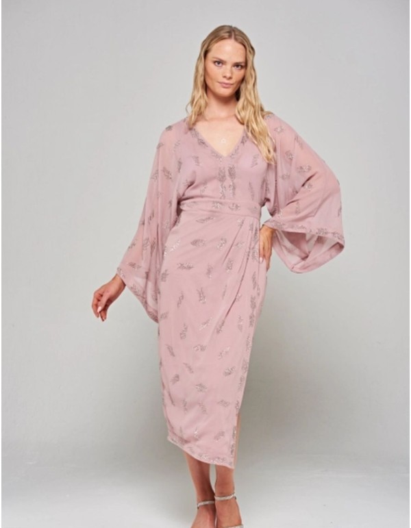 Robe midi à manches chauve-souris brodées de strass roses 2