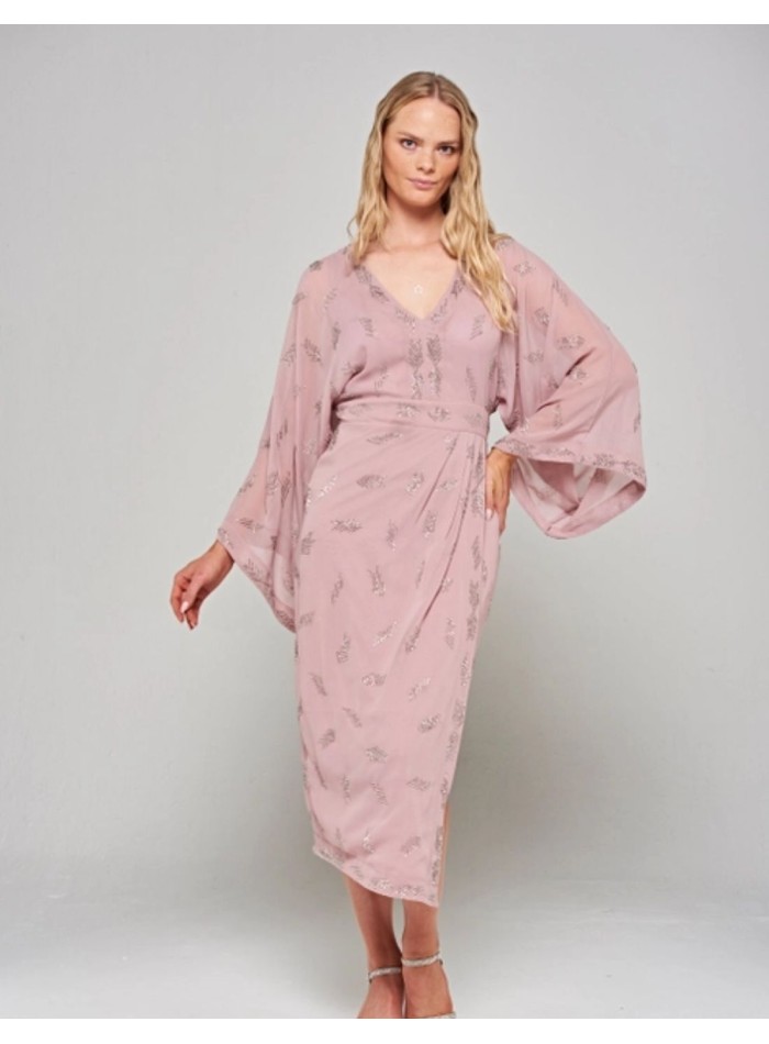 Pink embroidered rhinestone bat sleeve midi dress