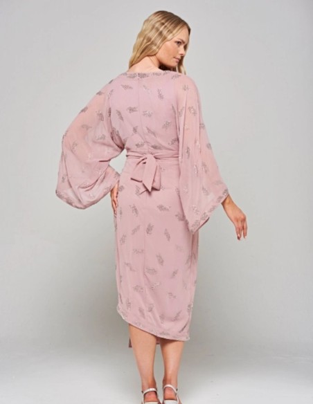 Pink embroidered rhinestone bat sleeve midi dress
