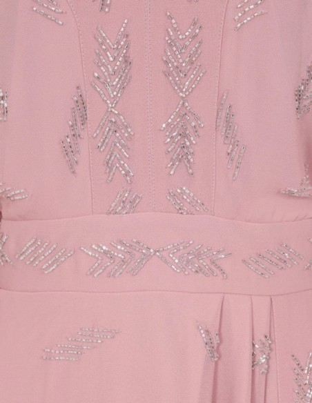Pink embroidered rhinestone bat sleeve midi dress