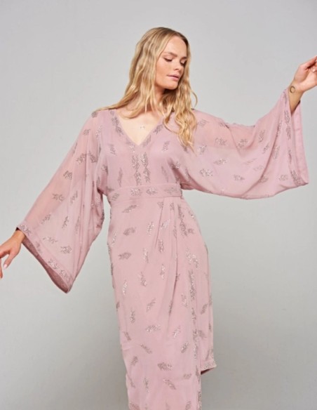 Pink embroidered rhinestone bat sleeve midi dress