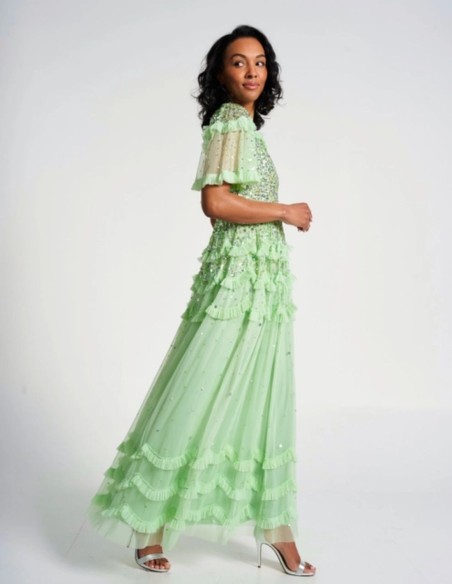 Robe longue de fête vert menthe avec sequins et volants