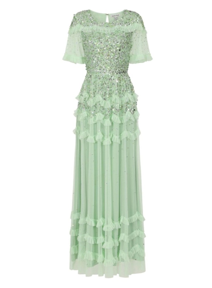 Mint green long party dress with sequins and...