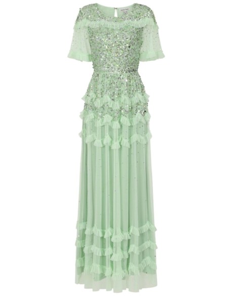 Robe longue de fête vert menthe avec sequins et volants