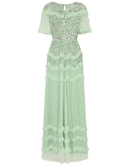 Robe longue de fête vert menthe avec sequins et volants