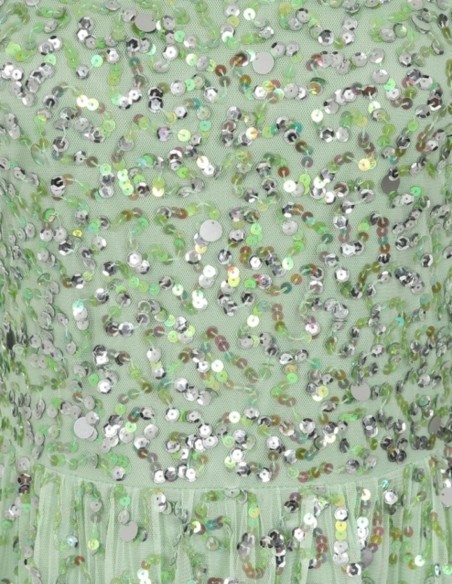 Robe longue de fête vert menthe avec sequins et volants