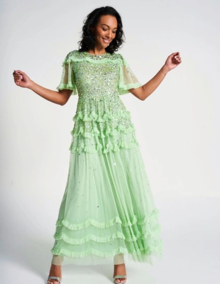Mint green long party dress with sequins and ruffles