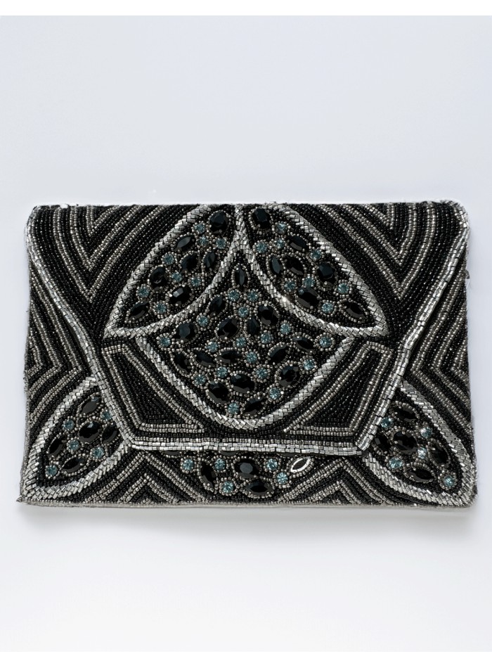 Cartera de mano de pedrería en tono negro con cristales