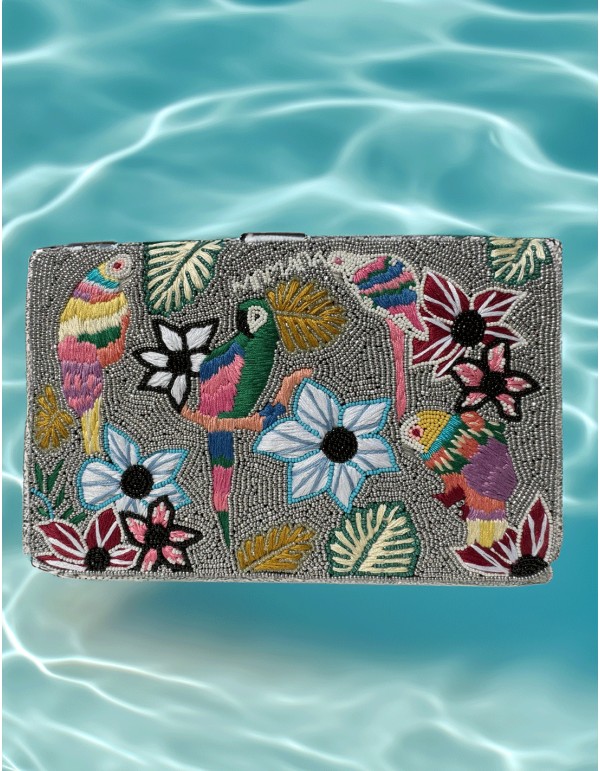 Clutch bag with flowers and embroidered birds