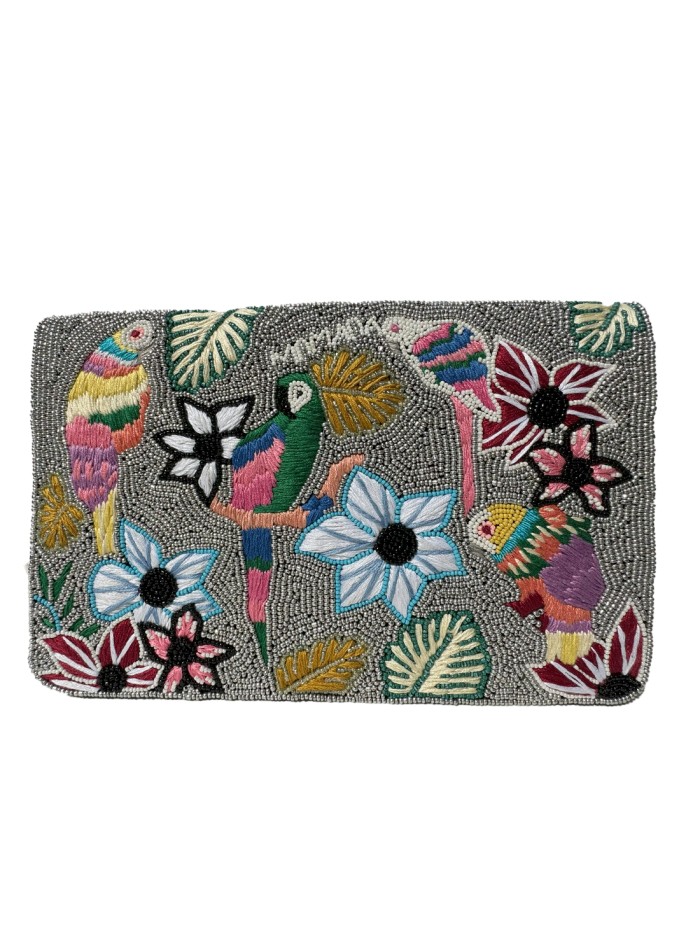 Clutch bag with flowers and embroidered birds