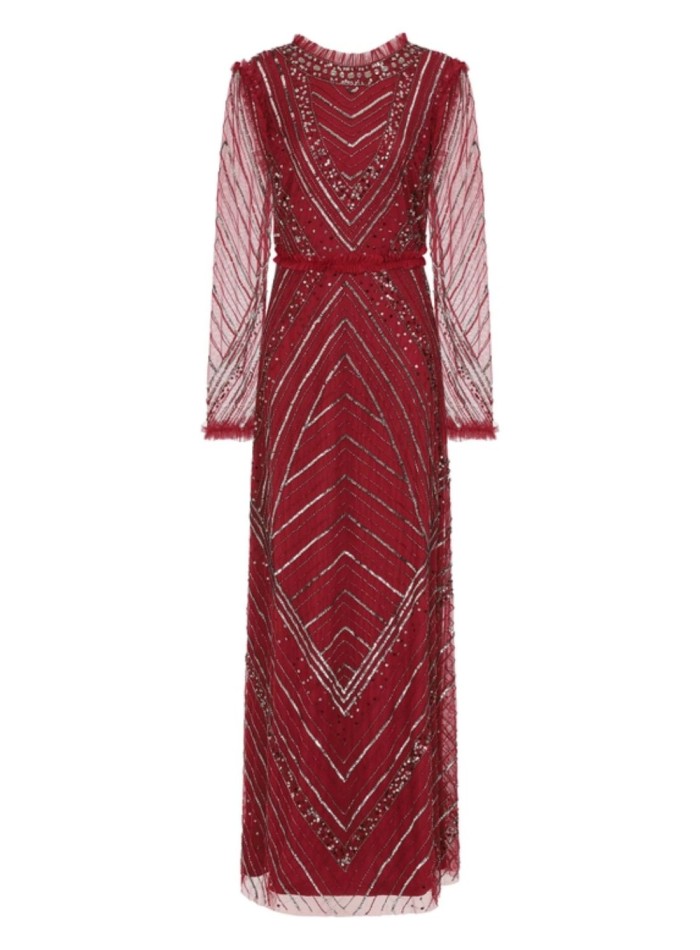 Maroon long party dress with sequins and ruffles