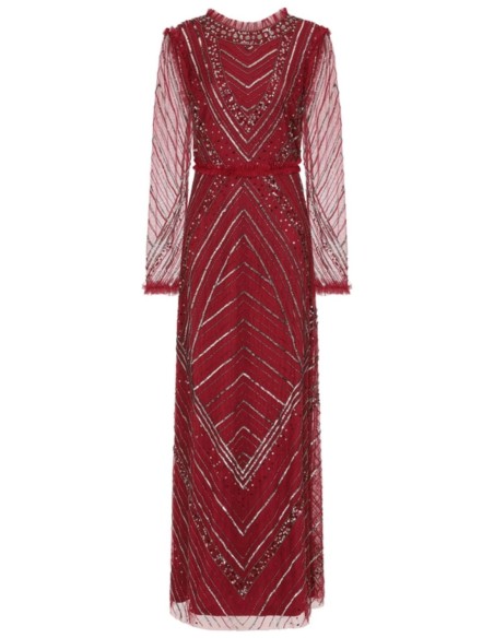 Maroon long party dress with sequins and ruffles