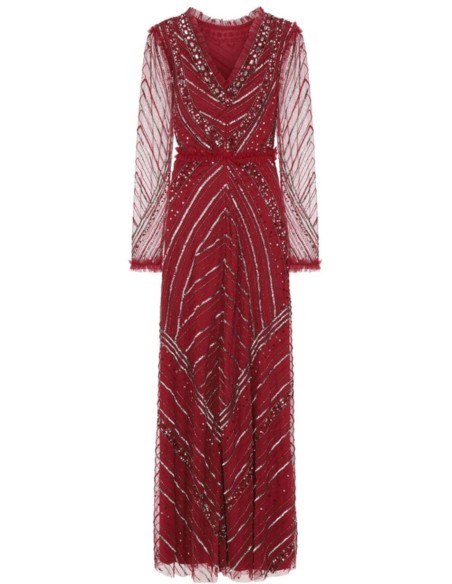 Robe longue de fête bordeaux avec sequins et volants