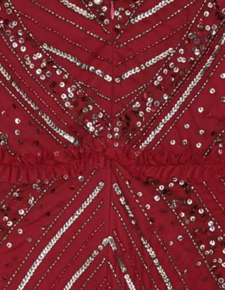 Robe longue de fête bordeaux avec sequins et volants