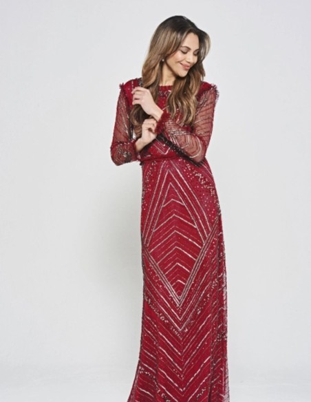 Vestido de fiesta largo granate con lentejuelas y frunces