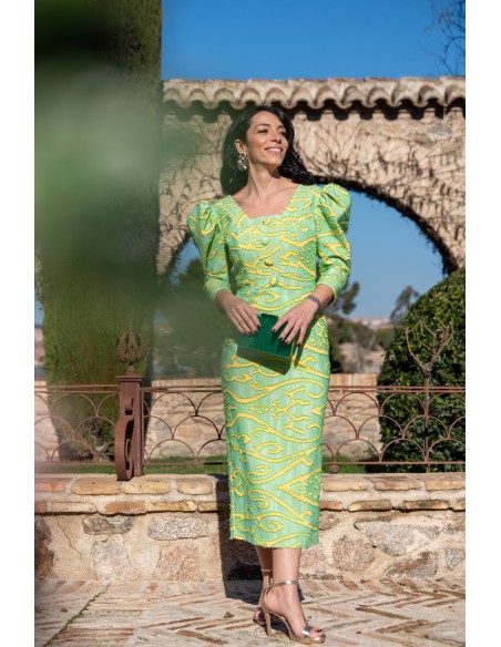 Printed Puff Sleeve Midi Patterned Guest Gown in Shades of Green and Yellow